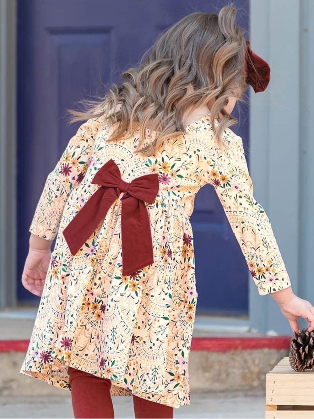 RuffleButts Girls Size 5 Fall Floral Twirl Dress Burgundy Bow Long Sleeve